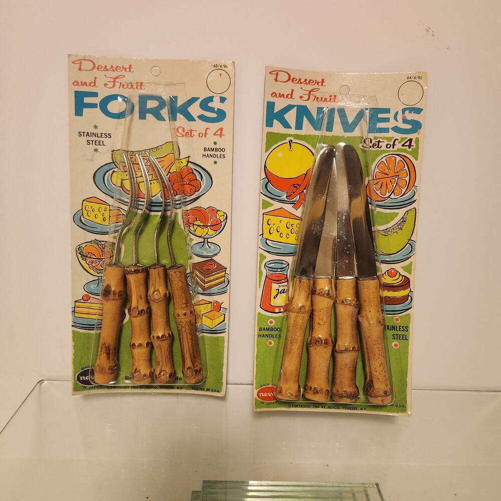 Vintage MCM Nevco 1965 NIP Dessert & Fruit Bamboo Forks & Knives